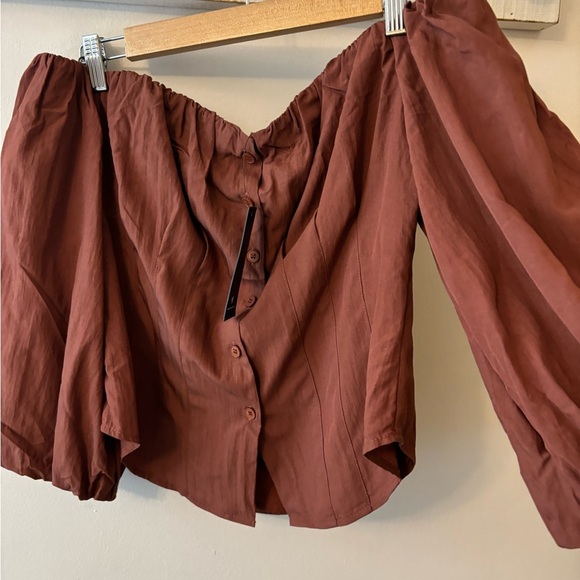 NWT Lulus Delighted Approach Brown Off Shoulder Puff Sleeve Blouse - Picture 2 of 7
